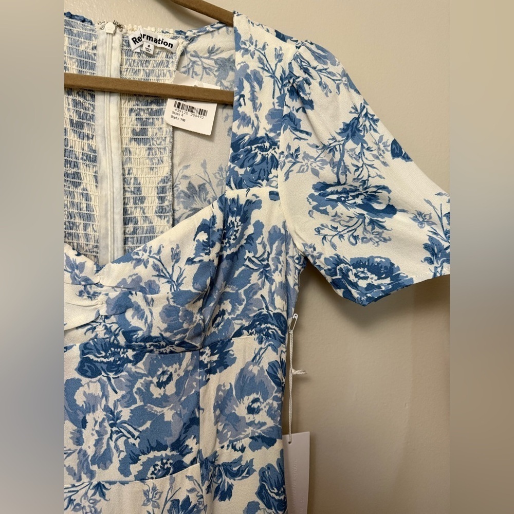 NEW Reformation Floral Blue and White mini Dress sweetheart neckline - Picture 7 of 13